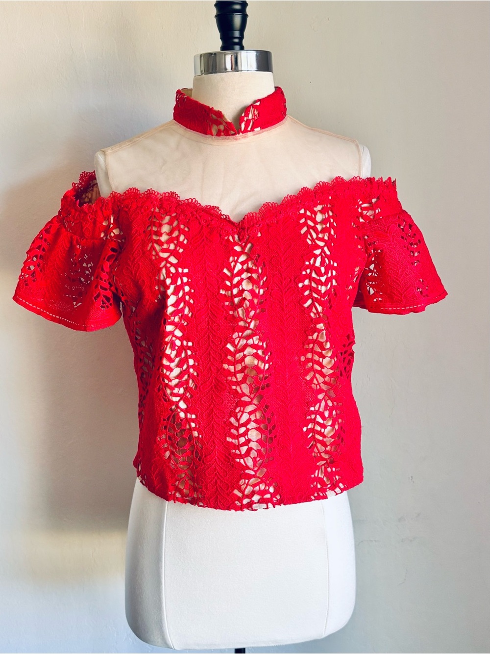 Red Lace Illusion Mesh Off-Shoulder Top